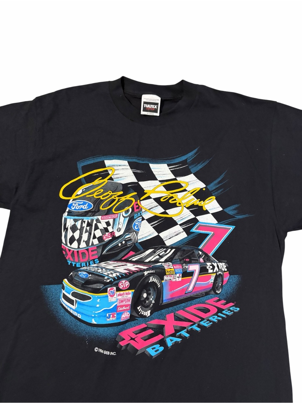 VTG NASCAR Geoff Bodine Exide Batteries Racing Shirt Men’s XL Black 1994